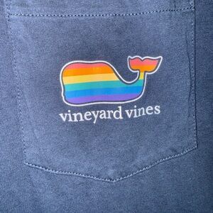 Vineyard Vines Blue Shirt with Rainbow Whale Logo